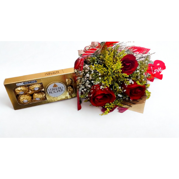 BUQUÊ 3 ROSAS + FERRERO C/ 8